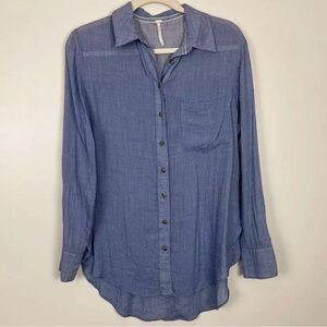 Free People Blue White Gingham Button Up Shirt Oversized Slit Pocket Size small
